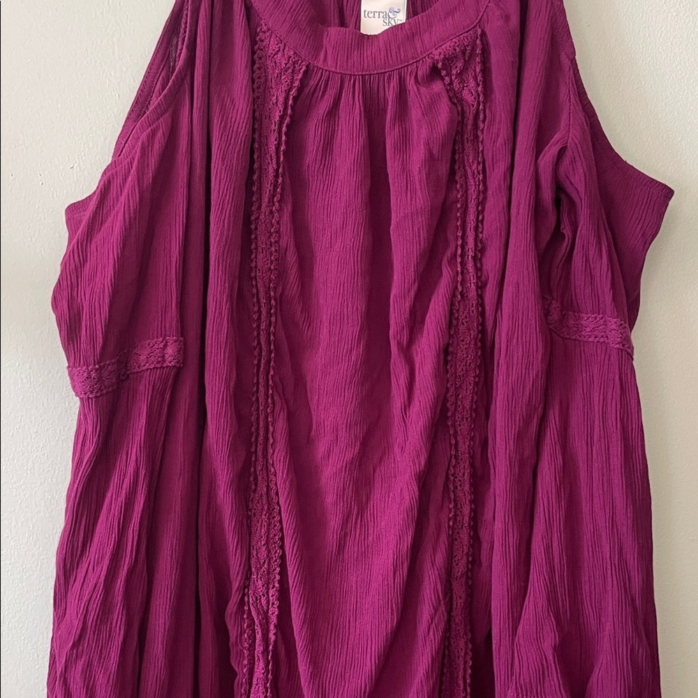 Terra & Sky|Boho Cold Shoulder Tiered Crochet 3/4 Sleeve Dress|1X|EUC - Picture 7 of 11